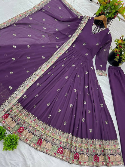 Party Wear Purple Color Faux Georgette With Full Heavy Embroidery Sequence Work Gown
