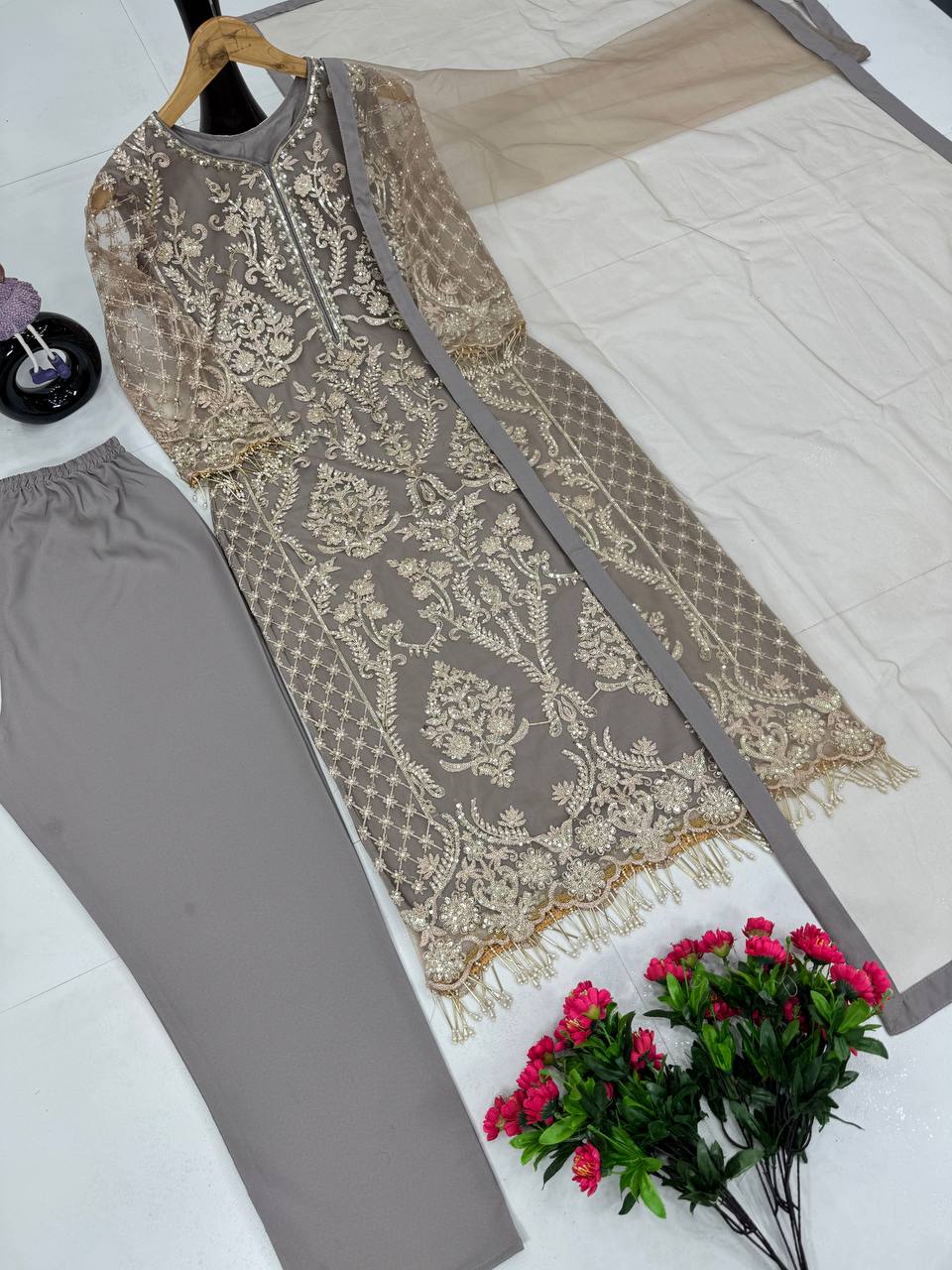 Eyes Catching Grey Color Embroidery Sequences Work With Heavy Dimond Work Salwar Suit
