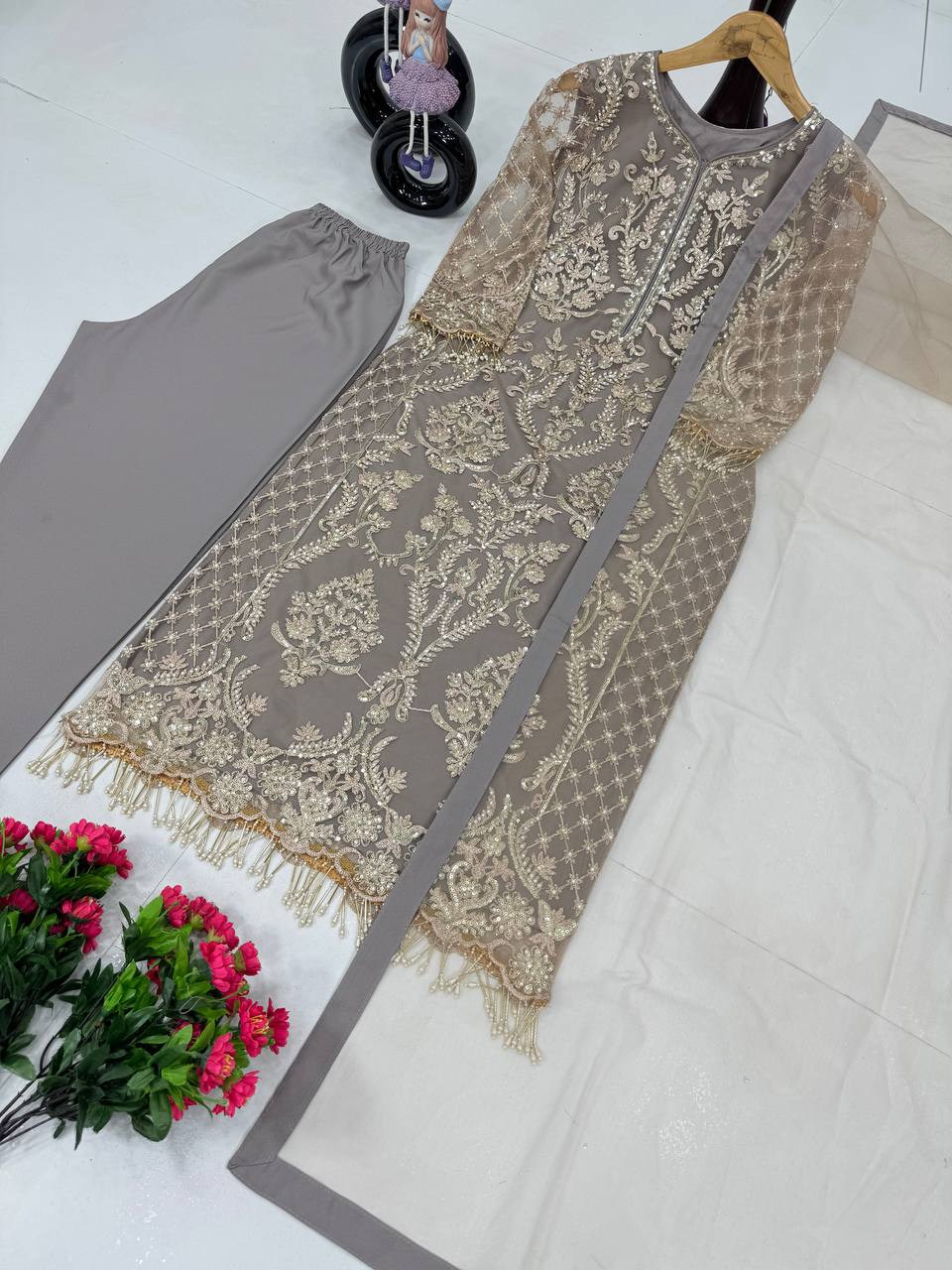 Eyes Catching Grey Color Embroidery Sequences Work With Heavy Dimond Work Salwar Suit