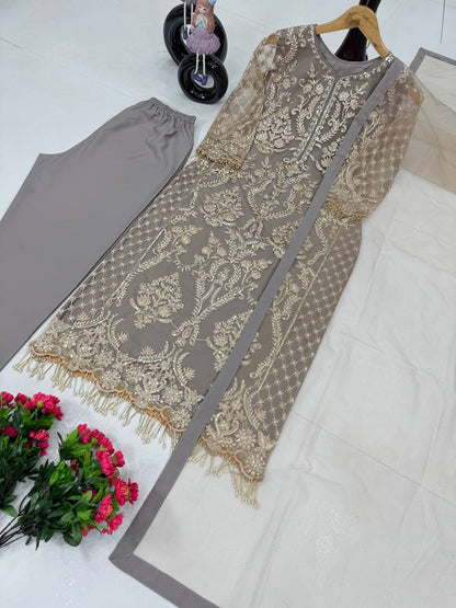 Eyes Catching Grey Color Embroidery Sequences Work With Heavy Dimond Work Salwar Suit