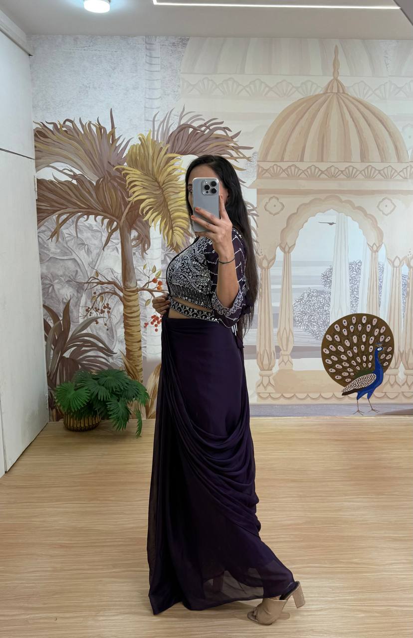 Bollywood Style Purple Color Fully Embroidery Work Blouse Ready To Wear Saree