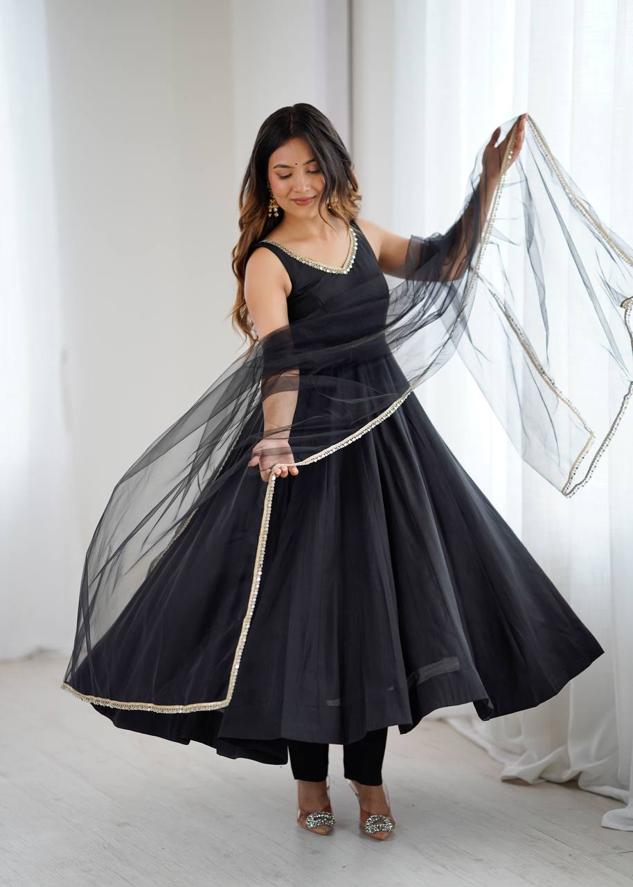 Marriage Wear Black Color Fully Flair 3 Piece Anarkali Gown
