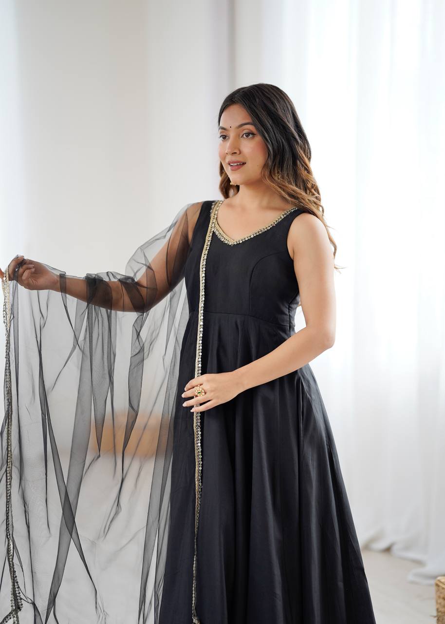 Marriage Wear Black Color Fully Flair 3 Piece Anarkali Gown