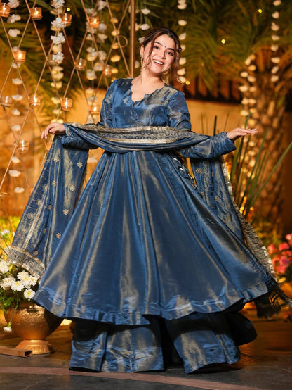 Elegant Teal Color Embroidered Designer Anarkali Palazzo Suit