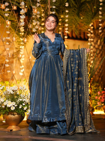 Elegant Teal Color Embroidered Designer Anarkali Palazzo Suit