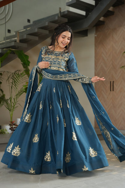 Wedding Wear Teal Color Sequins-Multi And Beads Embroidered Work Gown