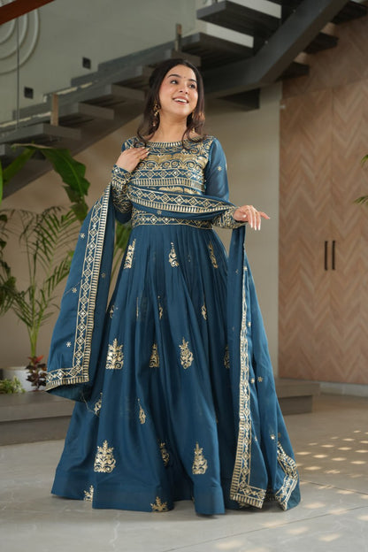 Wedding Wear Teal Color Sequins-Multi And Beads Embroidered Work Gown