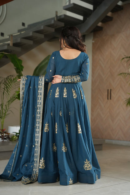 Wedding Wear Teal Color Sequins-Multi And Beads Embroidered Work Gown