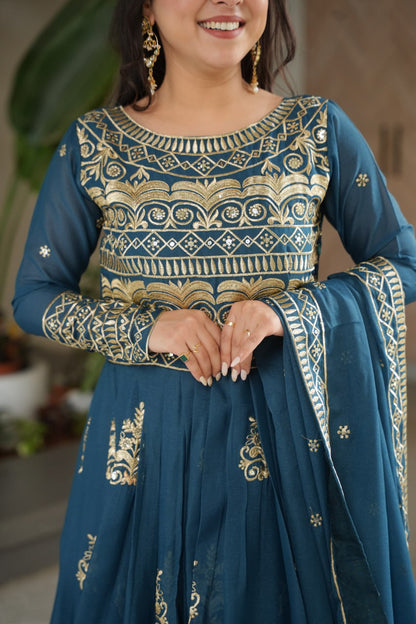 Wedding Wear Teal Color Sequins-Multi And Beads Embroidered Work Gown