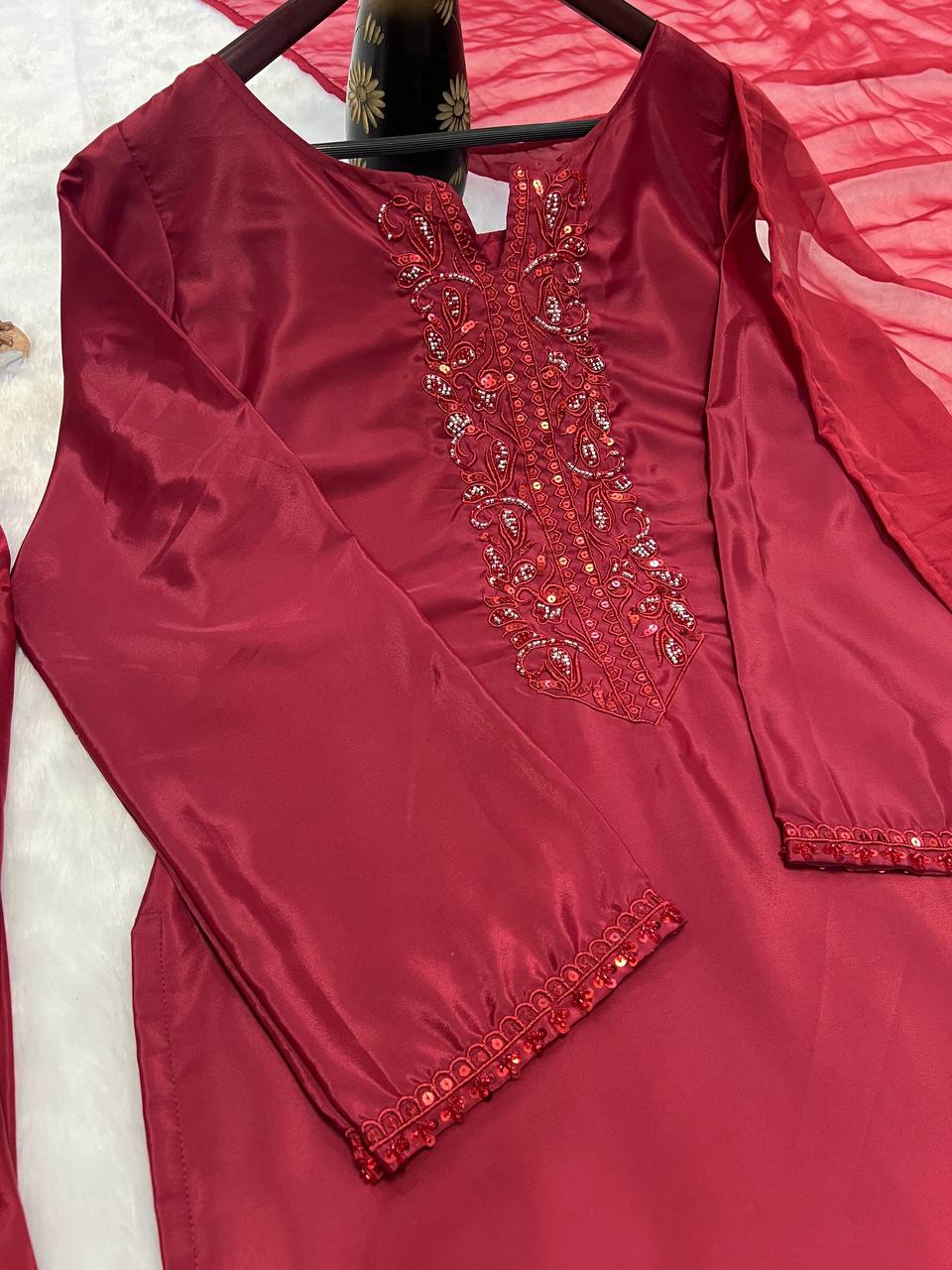 Occasion Wear Red Color Heavy Natural Crepe Silk With Bids Hand Work Salwar Suit