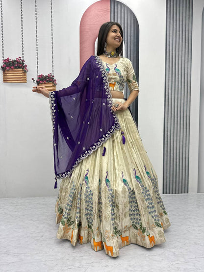 Occasion Wear Pure Tissue Silk With Heavy Thread And Sequence Work Designer Lehenga Choli