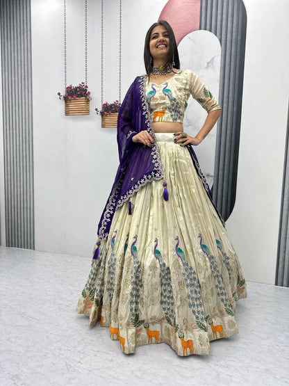 Occasion Wear Pure Tissue Silk With Heavy Thread And Sequence Work Designer Lehenga Choli