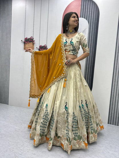 Marriage Wear Pure Tissue Silk With Heavy Thread And Sequence Work Designer Lehenga Choli