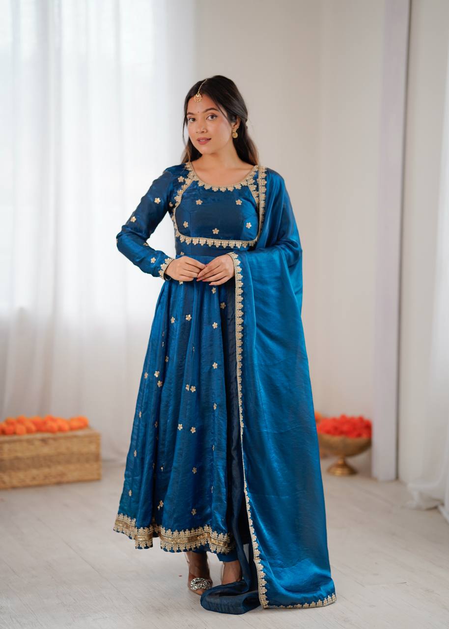 Stylish Blue Color Coding With Sequence Work Designer Gown