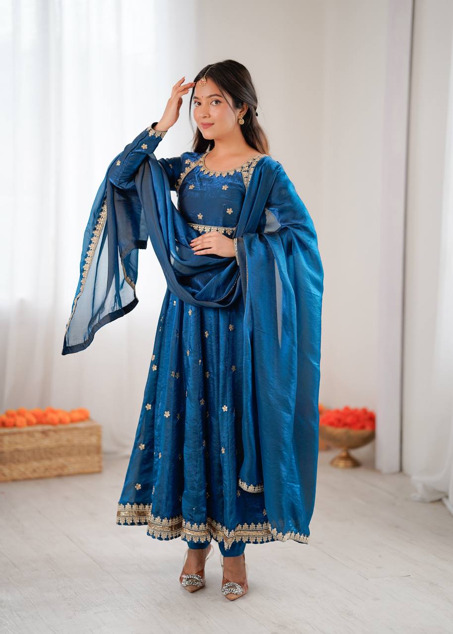 Stylish Blue Color Coding With Sequence Work Designer Gown