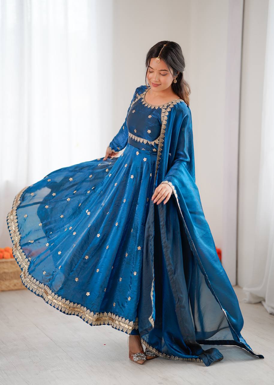 Stylish Blue Color Coding With Sequence Work Designer Gown