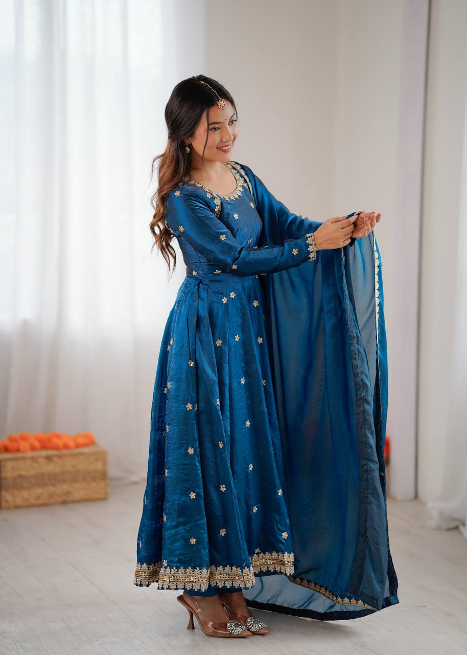 Stylish Blue Color Coding With Sequence Work Designer Gown