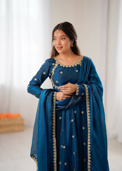 Stylish Blue Color Coding With Sequence Work Designer Gown
