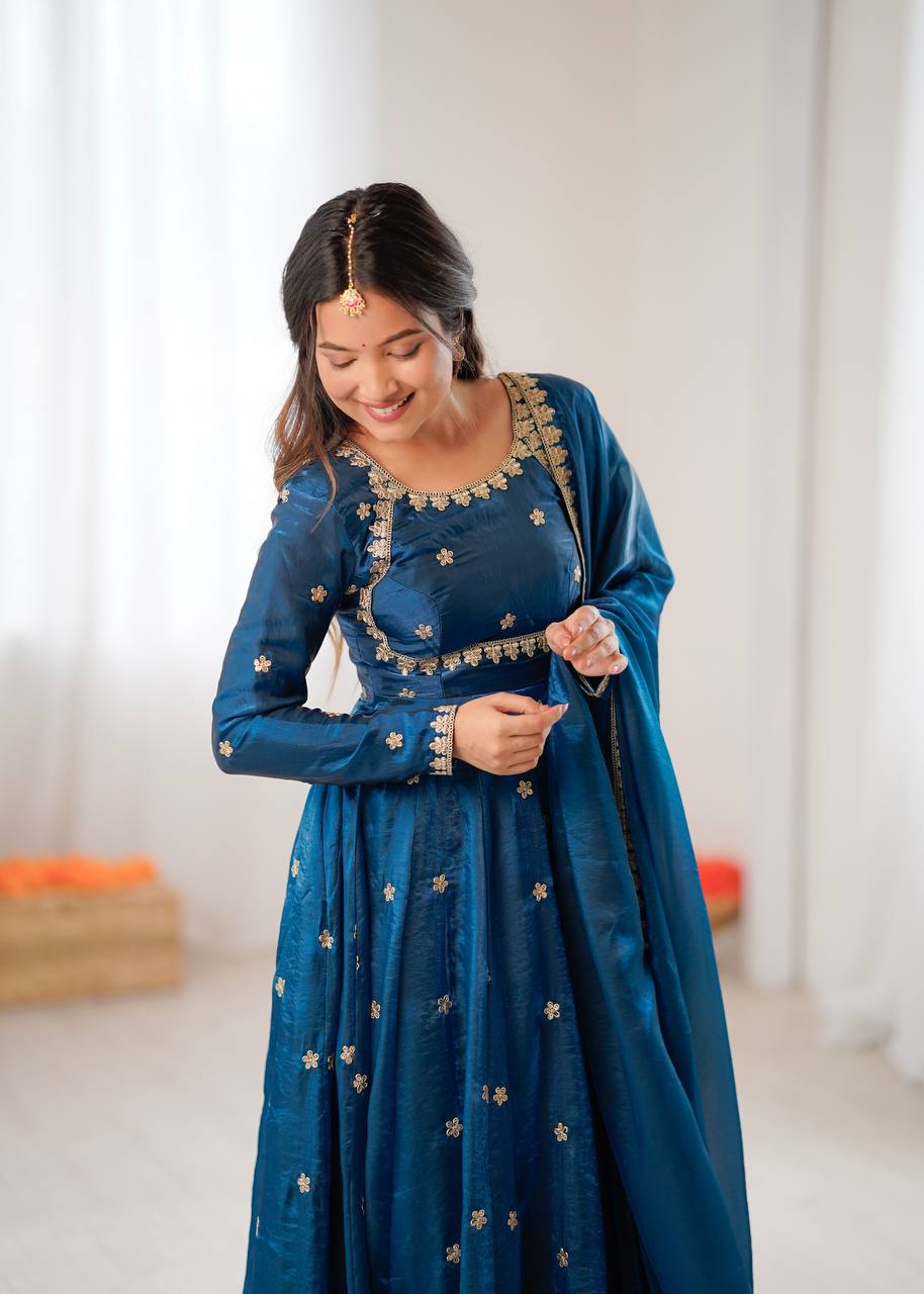 Stylish Blue Color Coding With Sequence Work Designer Gown