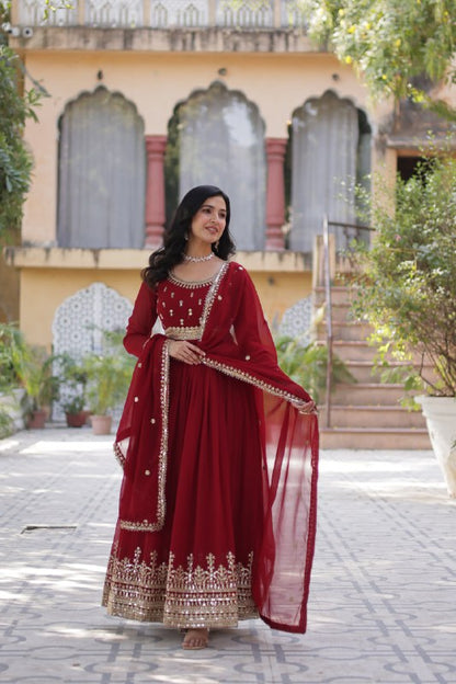 Demanding Maroon Color Faux Blooming With Embroidery Zari Sequins Work Designer Gown