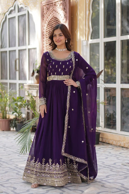 Demanding Purple Color Faux Blooming With Embroidery Zari Sequins Work Designer Gown