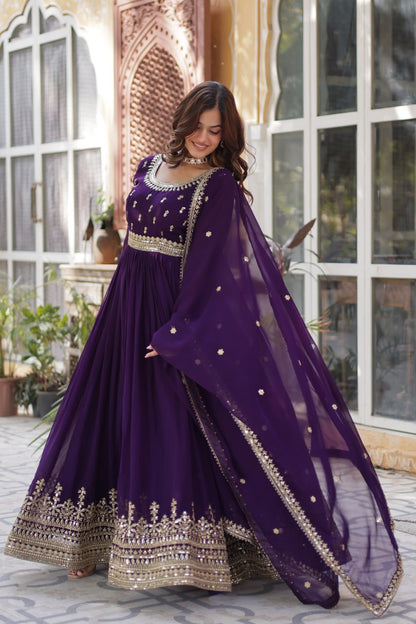 Demanding Purple Color Faux Blooming With Embroidery Zari Sequins Work Designer Gown