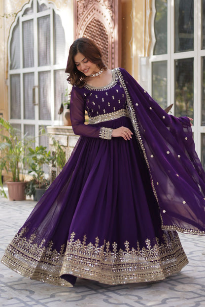 Demanding Purple Color Faux Blooming With Embroidery Zari Sequins Work Designer Gown