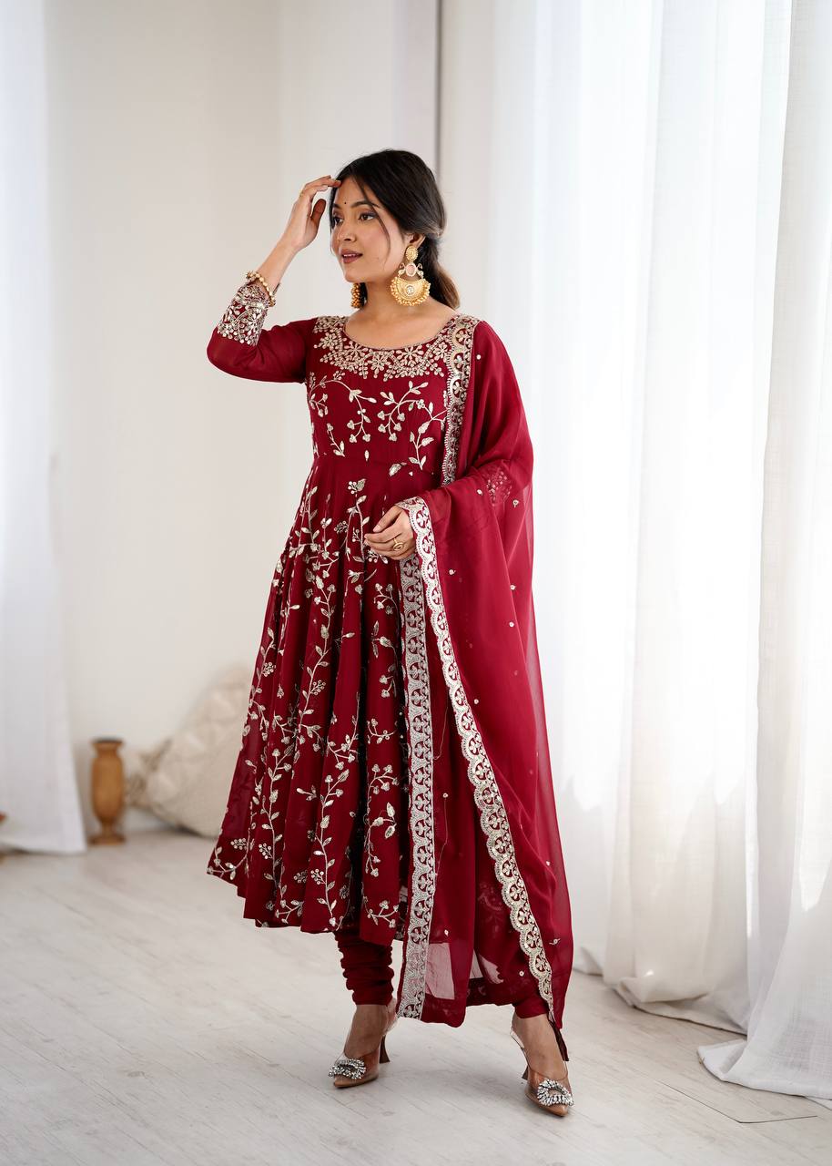 Arti Chahan Wear Maroon Color Embroidery Work Anarkali Suit