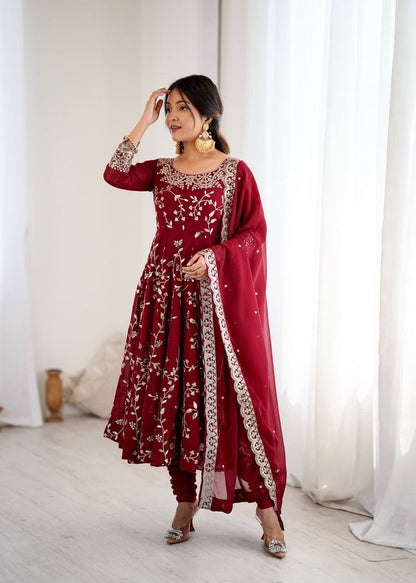 Arti Chahan Wear Maroon Color Embroidery Work Anarkali Suit