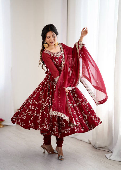 Arti Chahan Wear Maroon Color Embroidery Work Anarkali Suit
