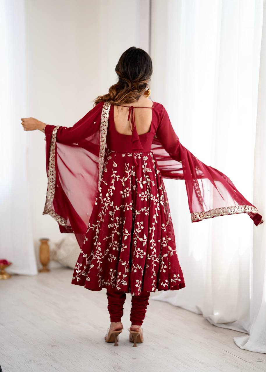 Arti Chahan Wear Maroon Color Embroidery Work Anarkali Suit