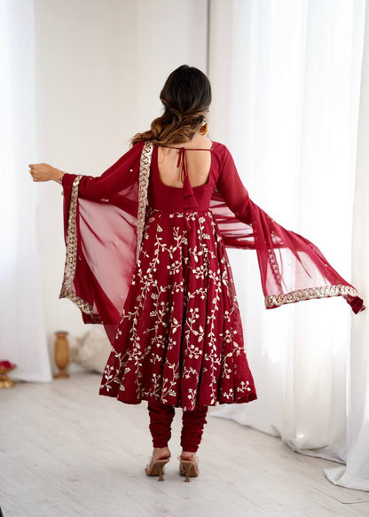 Arti Chahan Wear Maroon Color Embroidery Work Anarkali Suit