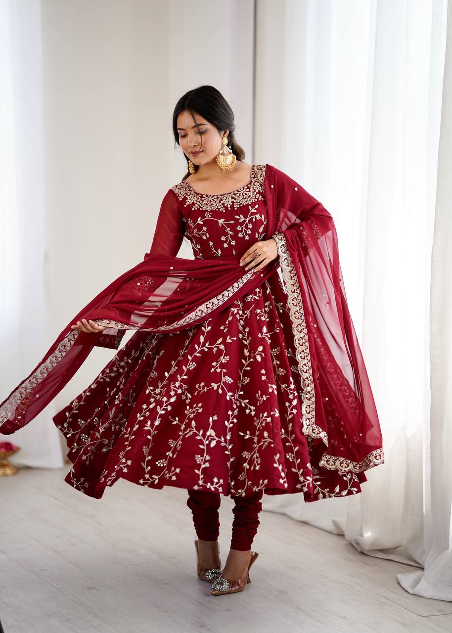Arti Chahan Wear Maroon Color Embroidery Work Anarkali Suit