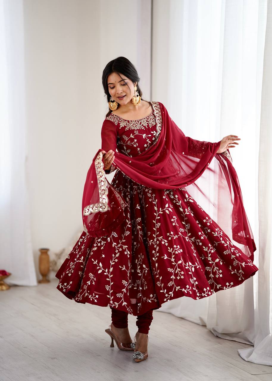 Arti Chahan Wear Maroon Color Embroidery Work Anarkali Suit