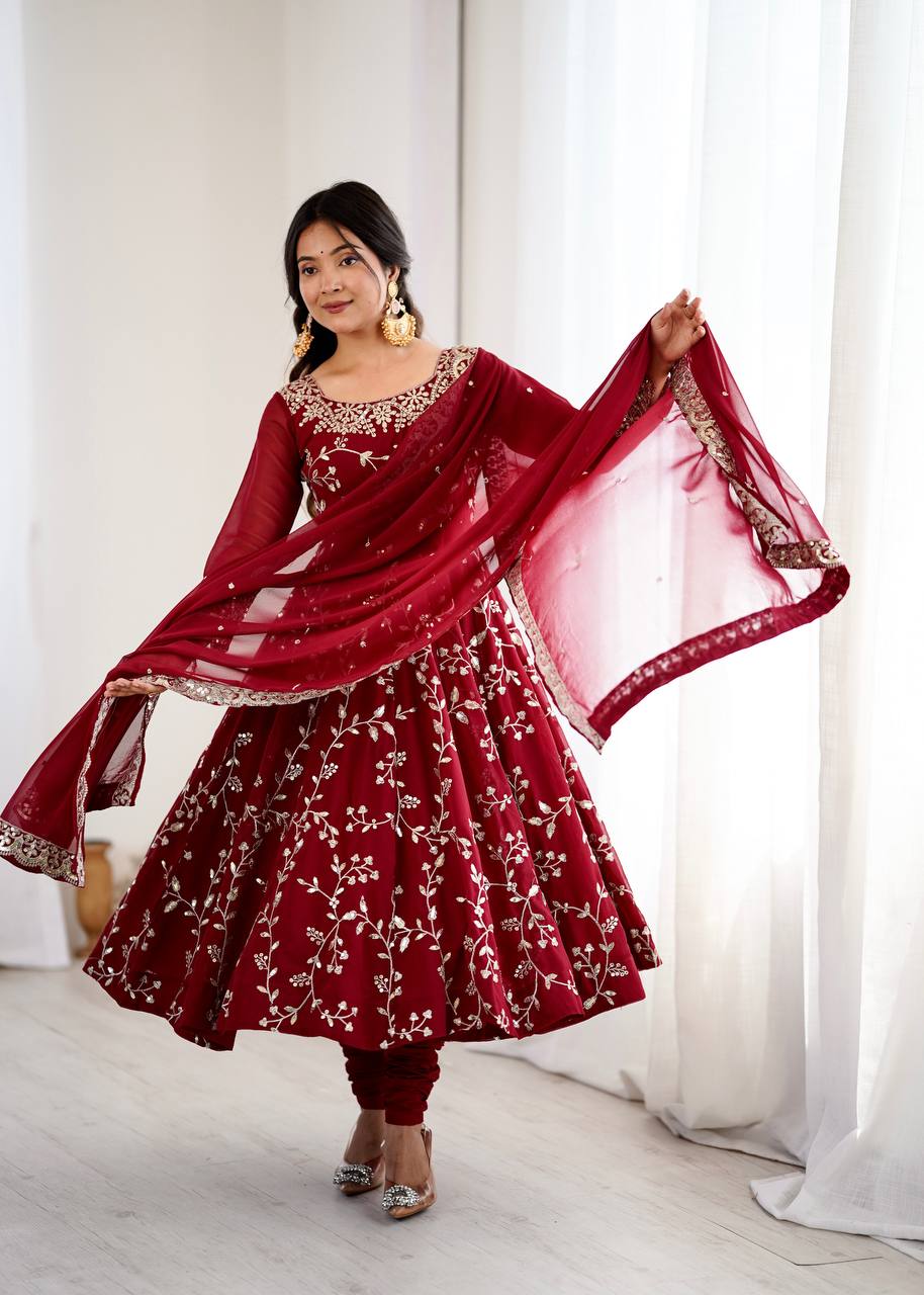 Arti Chahan Wear Maroon Color Embroidery Work Anarkali Suit