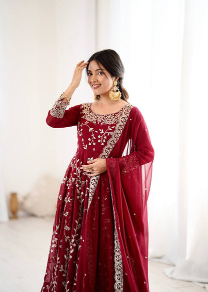 Arti Chahan Wear Maroon Color Embroidery Work Anarkali Suit