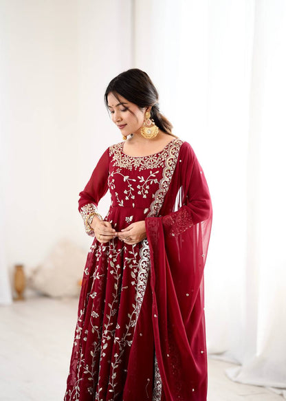 Arti Chahan Wear Maroon Color Embroidery Work Anarkali Suit