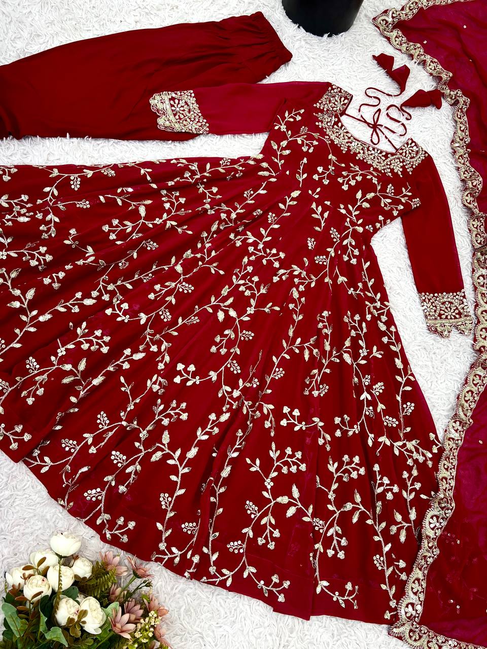 Arti Chahan Wear Maroon Color Embroidery Work Anarkali Suit