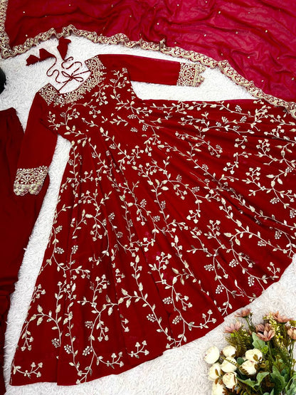 Arti Chahan Wear Maroon Color Embroidery Work Anarkali Suit