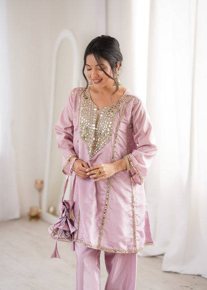 Occasion Wear Pink Color Real Mirror Embroidered Kurti Set