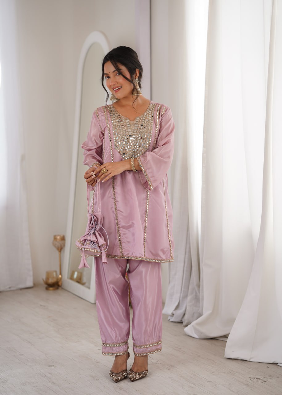 Occasion Wear Pink Color Real Mirror Embroidered Kurti Set