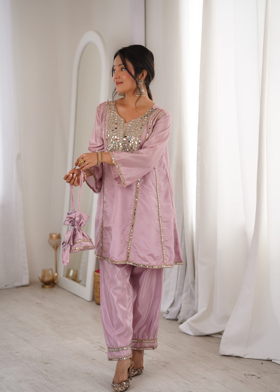 Occasion Wear Pink Color Real Mirror Embroidered Kurti Set