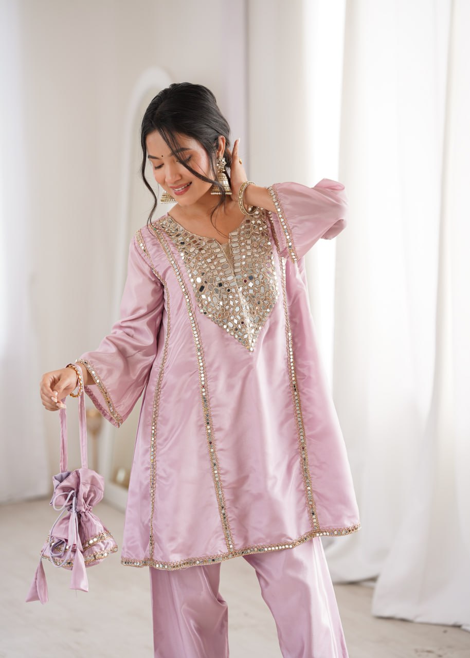 Occasion Wear Pink Color Real Mirror Embroidered Kurti Set