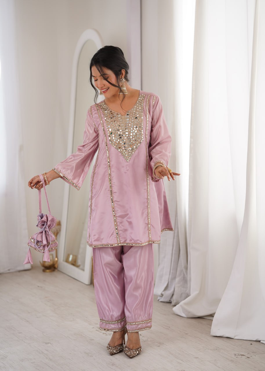 Occasion Wear Pink Color Real Mirror Embroidered Kurti Set