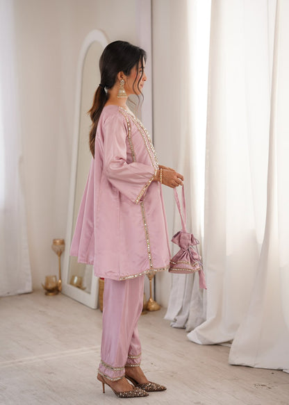 Occasion Wear Pink Color Real Mirror Embroidered Kurti Set