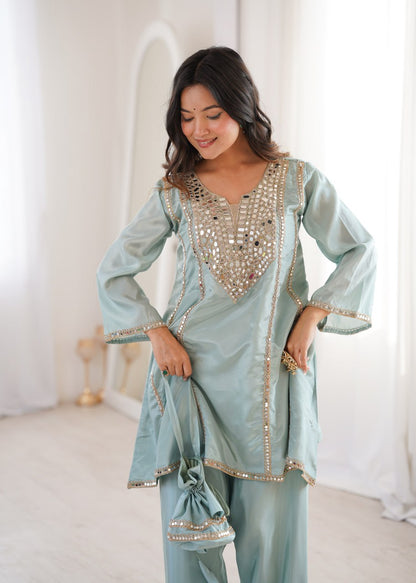 Festive Wear Sky Blue Color Real Mirror Embroidered Kurti Set