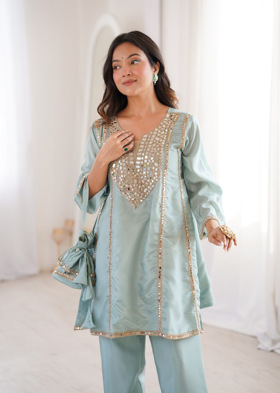 Festive Wear Sky Blue Color Real Mirror Embroidered Kurti Set