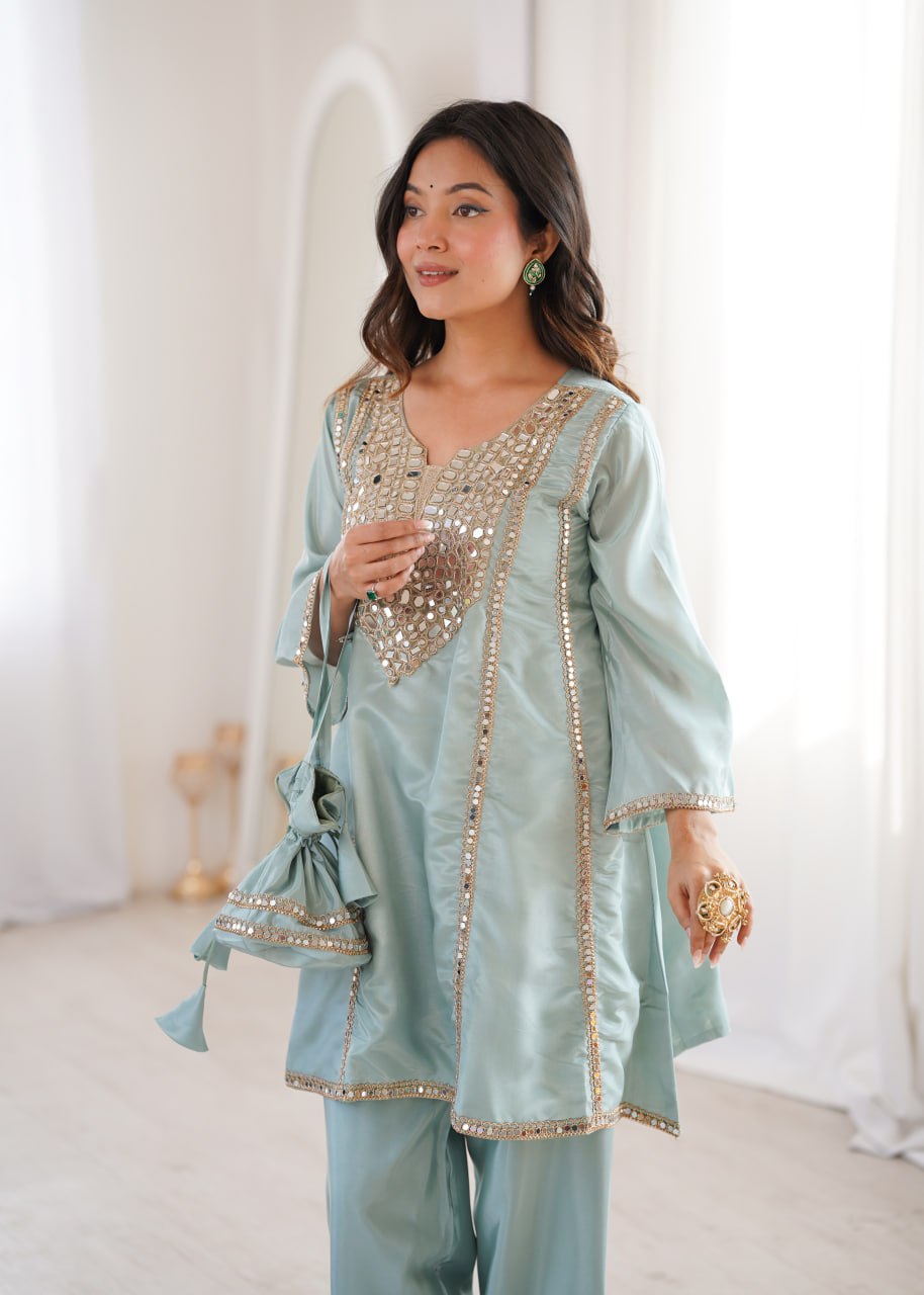 Festive Wear Sky Blue Color Real Mirror Embroidered Kurti Set