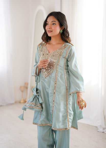 Festive Wear Sky Blue Color Real Mirror Embroidered Kurti Set