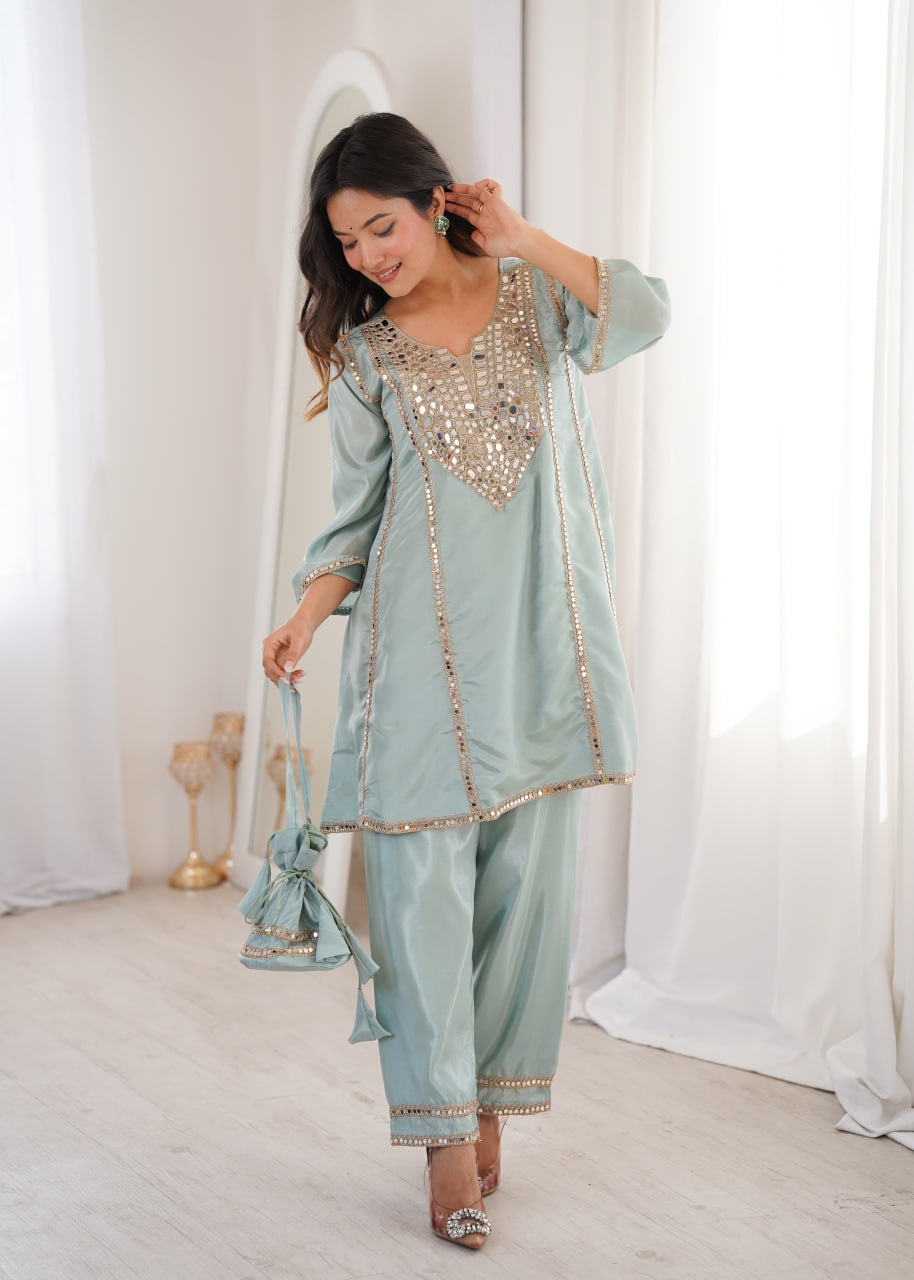 Festive Wear Sky Blue Color Real Mirror Embroidered Kurti Set